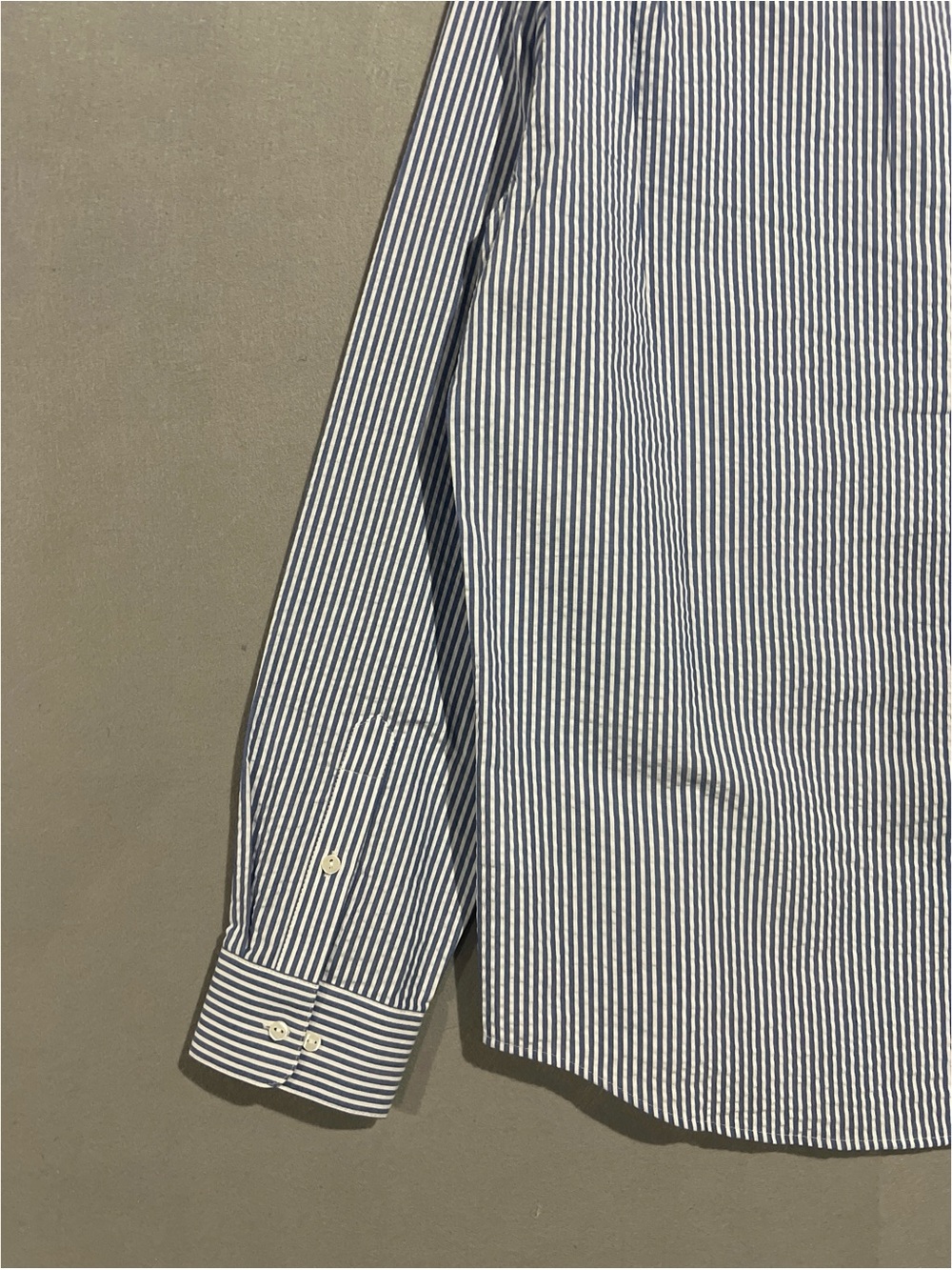 Longchamp Shirt Men’s Large Blue White Vertical Striped Band-Collar Long Sleeve - Picture 9 of 15